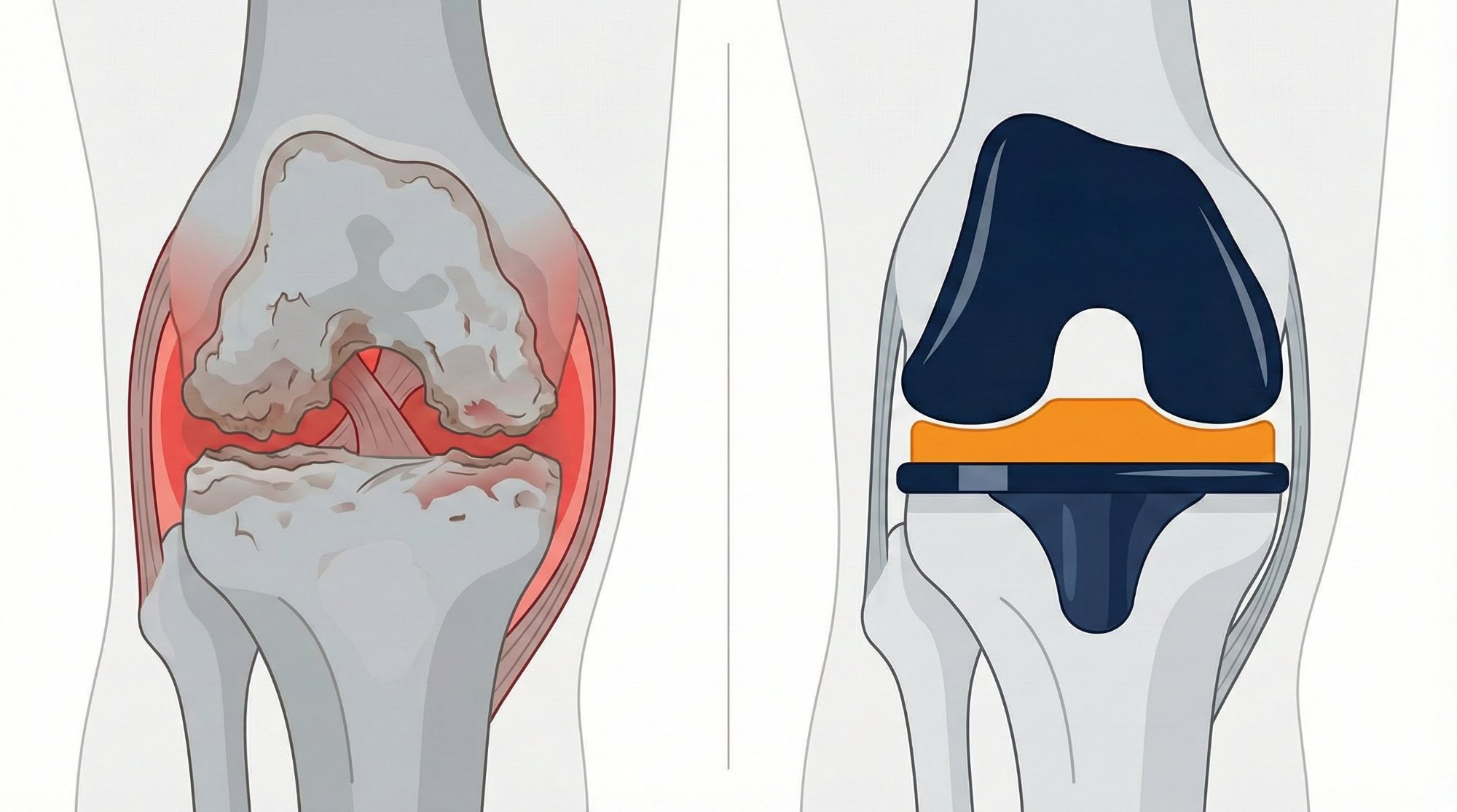 Comparación: rodilla con artrosis severa (izquierda) vs rodilla con prótesis total (derecha)
