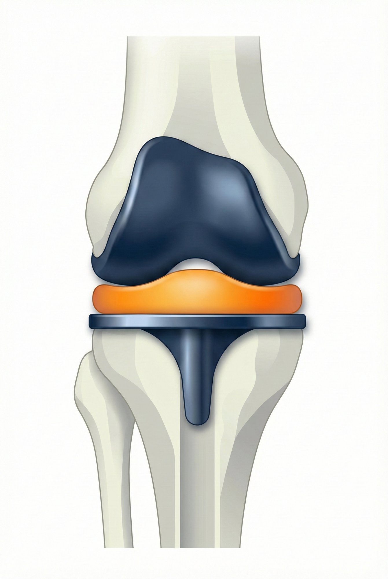 Diagrama de prótesis total de rodilla: componente femoral (navy), inserto de polietileno (naranja) y componente tibial con vástago