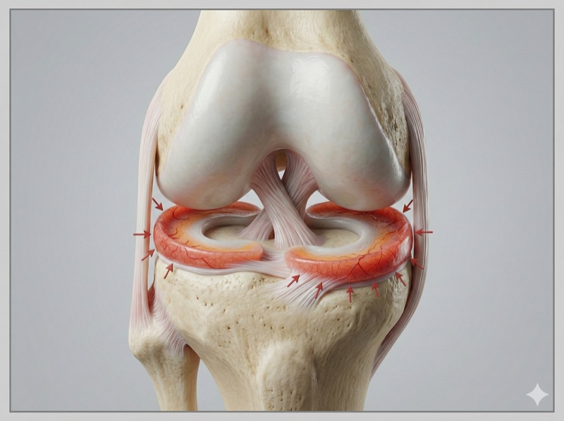Knee anatomy showing the medial and lateral menisci with red arrows indicating peripheral blood supply that determines repairability