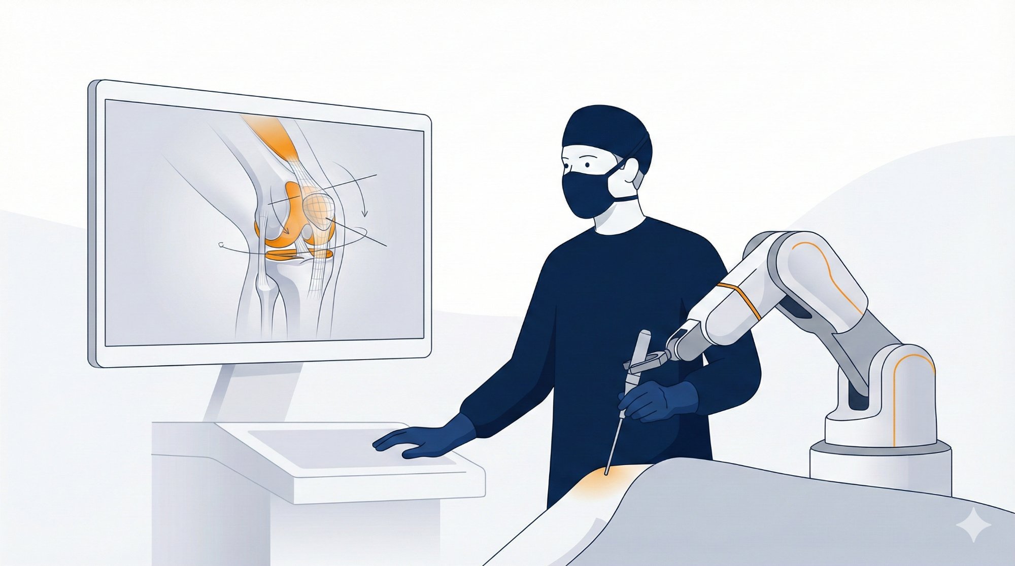 Cirujano operando con sistema robótico: planeación 3D en pantalla y brazo robótico asistiendo los cortes