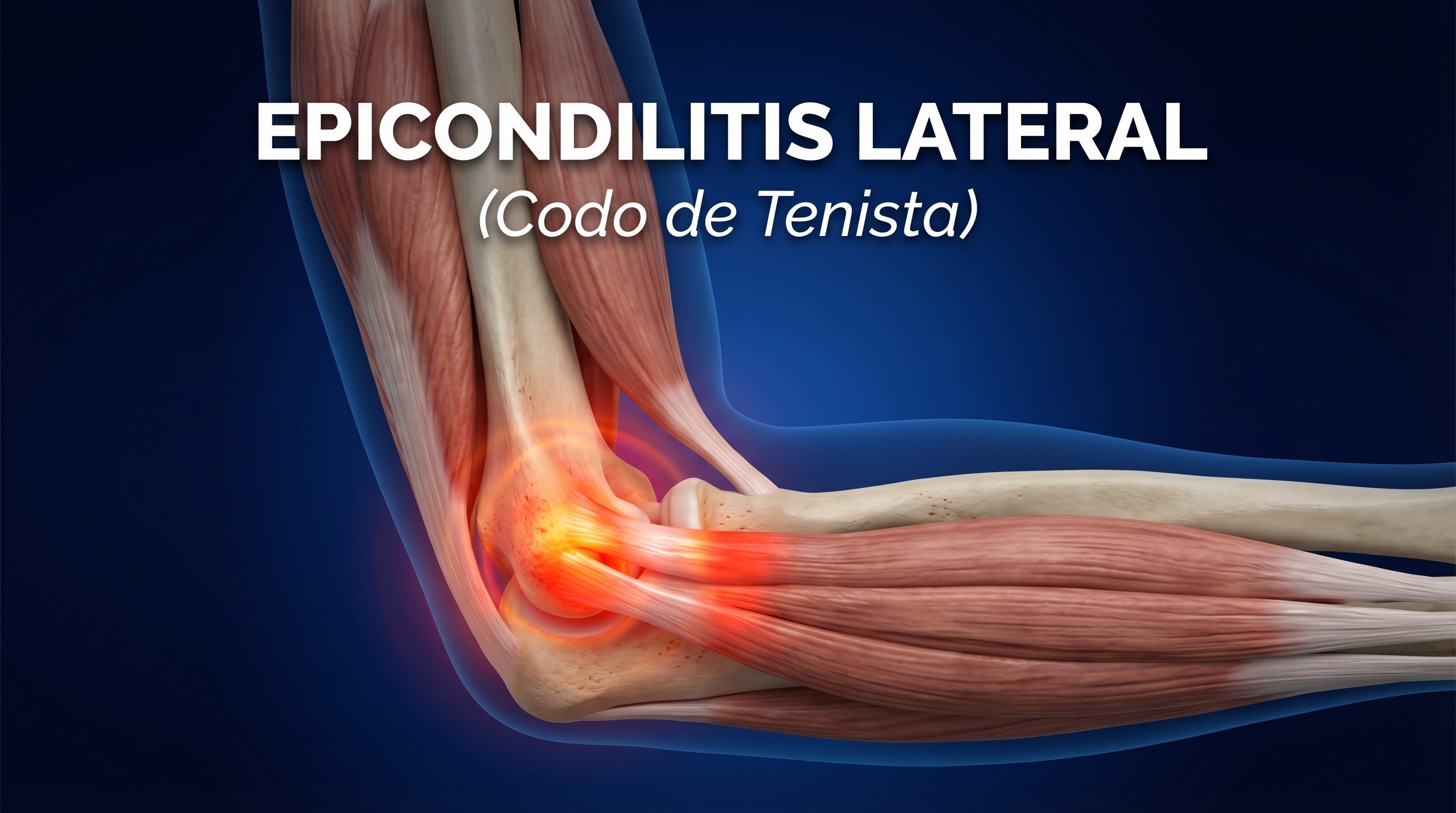 Ilustración médica 3D de la anatomía del codo mostrando epicondilitis lateral (codo de tenista) — Dr. Balcázar, ortopedista en Querétaro