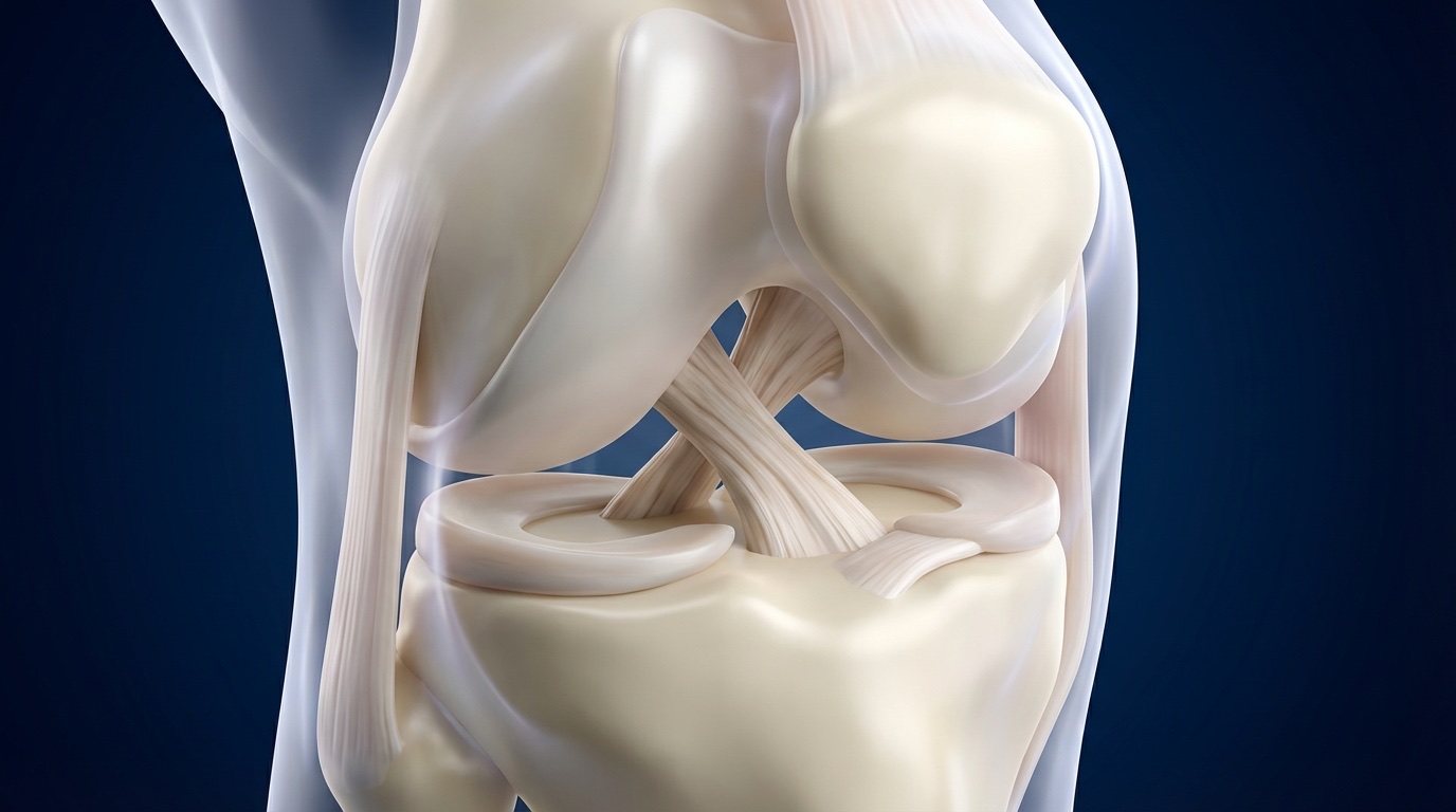 3D medical illustration of the internal anatomy of the knee showing the anterior and posterior cruciate ligaments between the femur and tibia