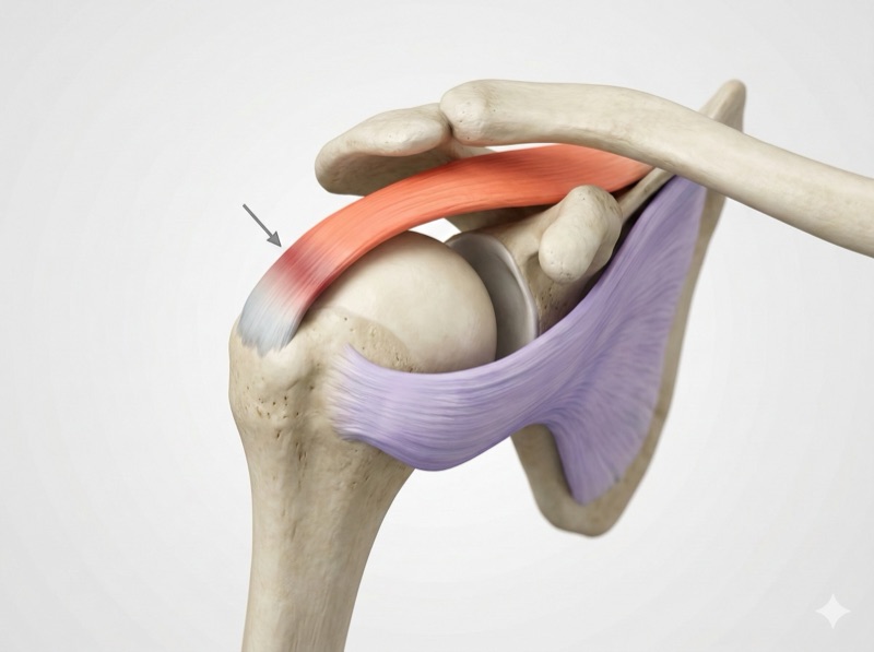Superior view of the shoulder: the four rotator cuff tendons (supraspinatus, infraspinatus, teres minor and subscapularis) wrapping around the humeral head, with Codman's critical zone highlighted