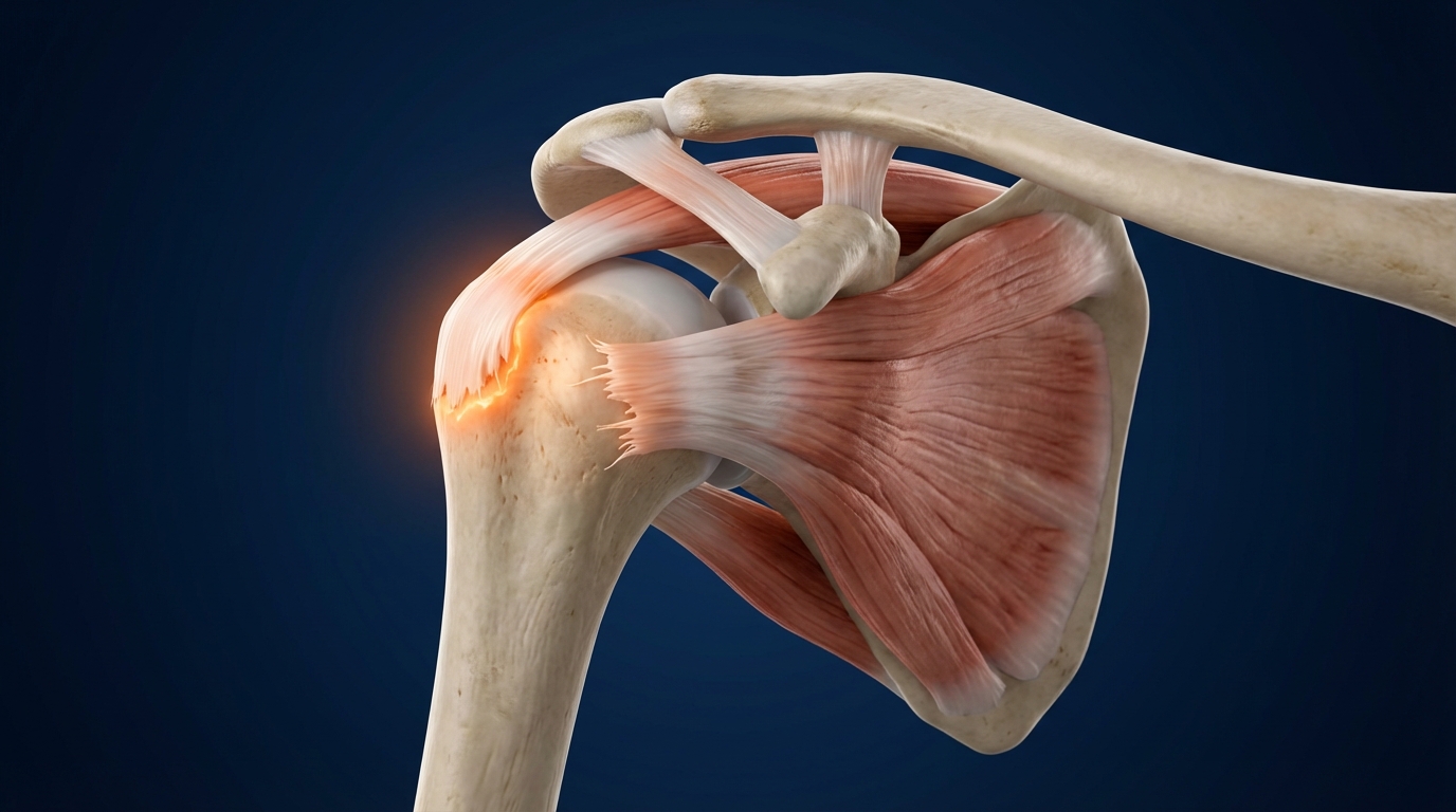 3D medical illustration of the shoulder joint showing the rotator cuff tendons wrapping around the humeral head