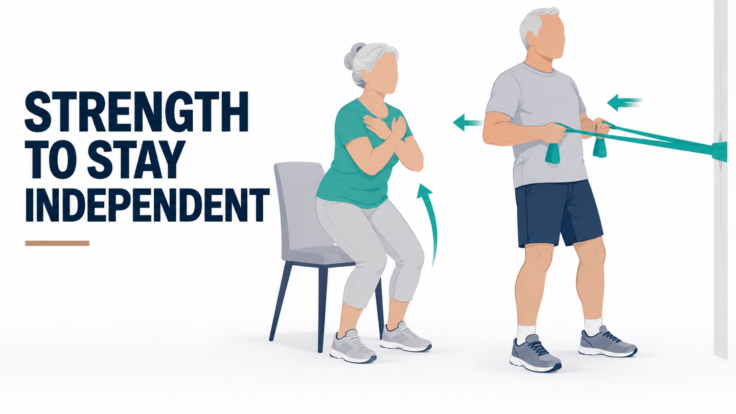 Illustration of an older woman rising from a chair and an older man rowing with a resistance band