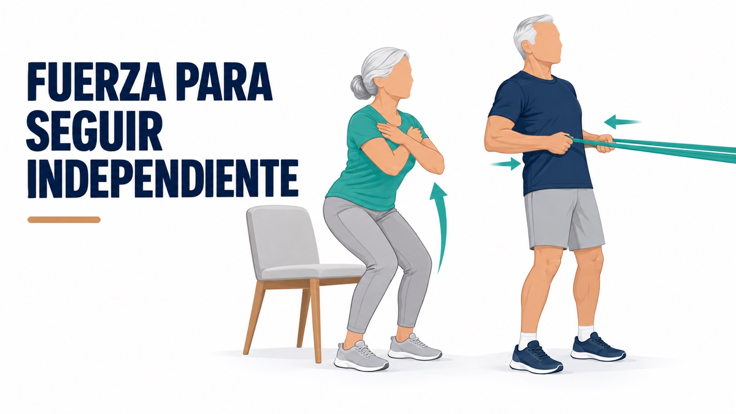 Ilustración de una mujer que se levanta de una silla y un hombre que realiza remo con banda elástica