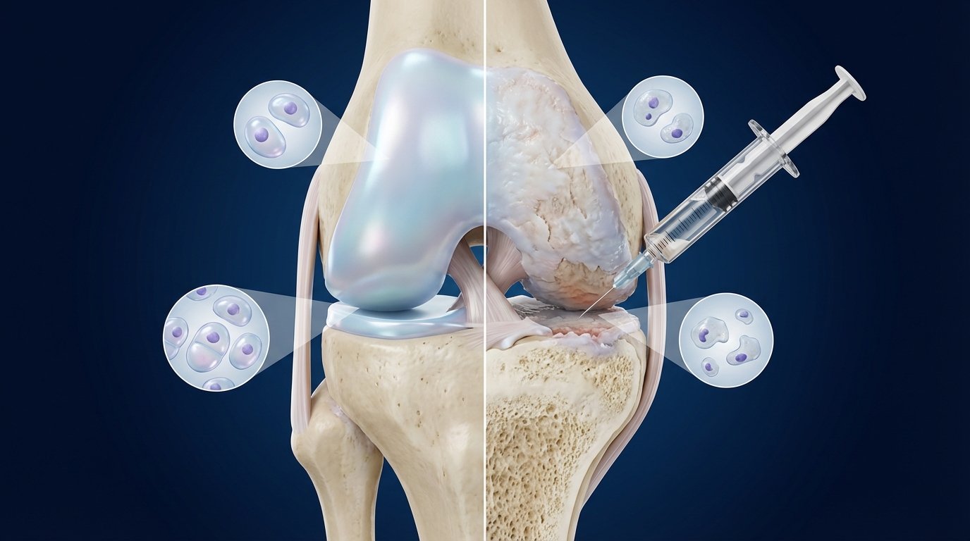 Medical illustration of knee articular cartilage: healthy side vs damaged side