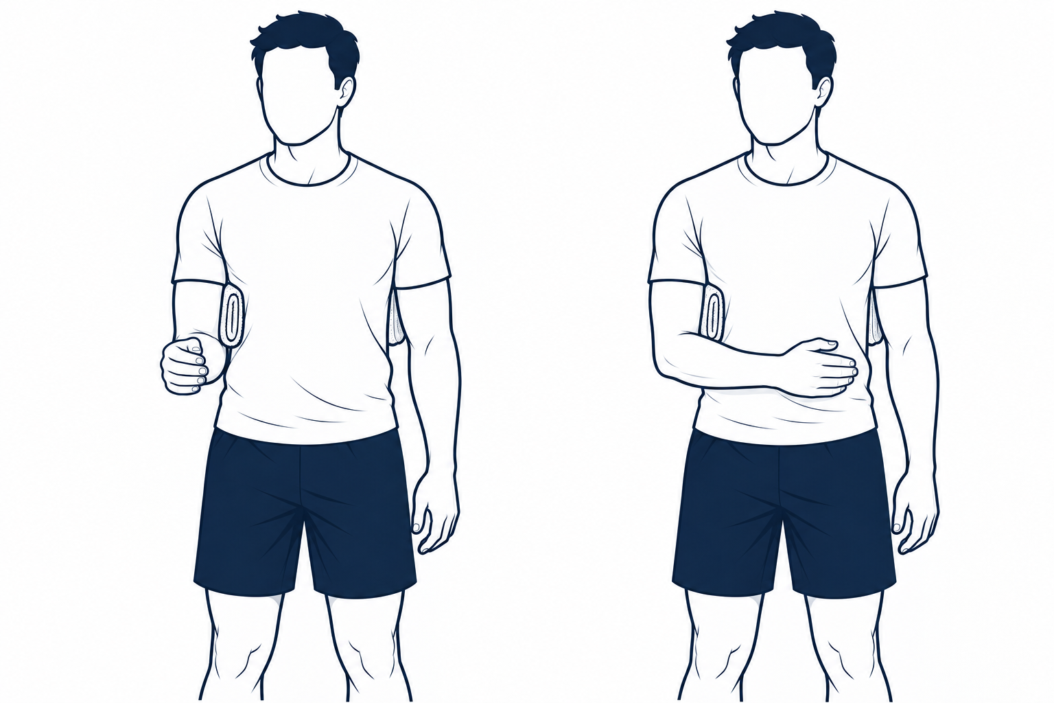Dos posiciones de rotación interna activa sin resistencia: mano hacia delante y después frente al abdomen, codo junto al cuerpo y tronco quieto.