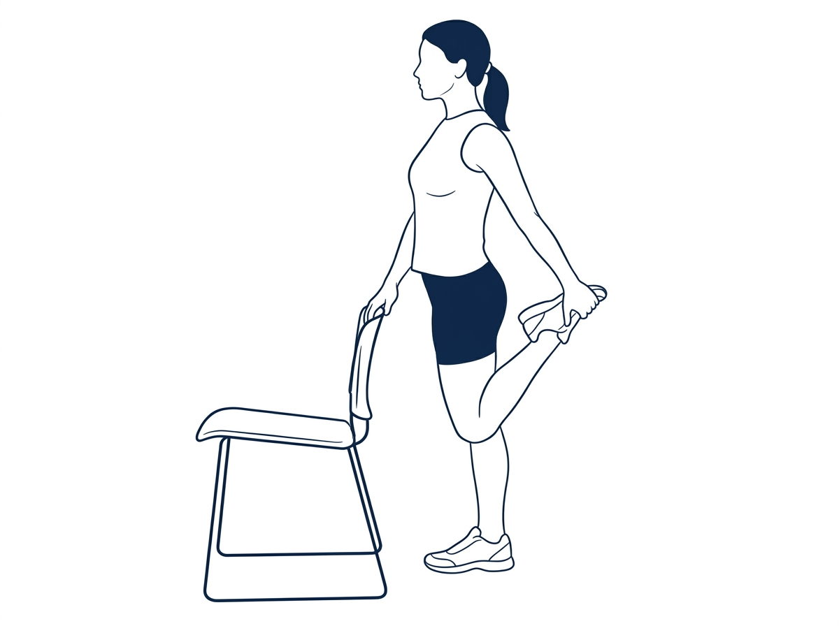 Estiramiento de Cuádriceps - De pie, jalando tobillo hacia glúteo con apoyo en silla